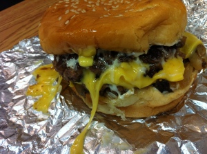 Five Guys cheeseburger with grilled onions and mushrooms